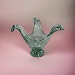 Hand Blown Glass Art Decorative Bowl Clear & Light Green Vase Candle Holder